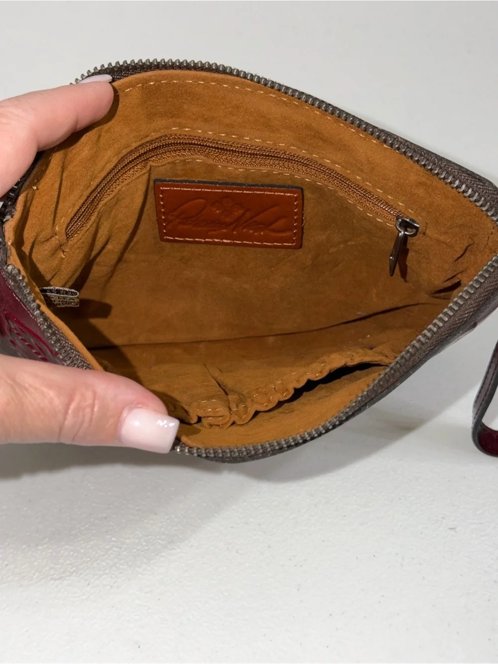 Patricia Nash Oxblood Tooled Leather Wristlet P349244 Floral Continental Pouch